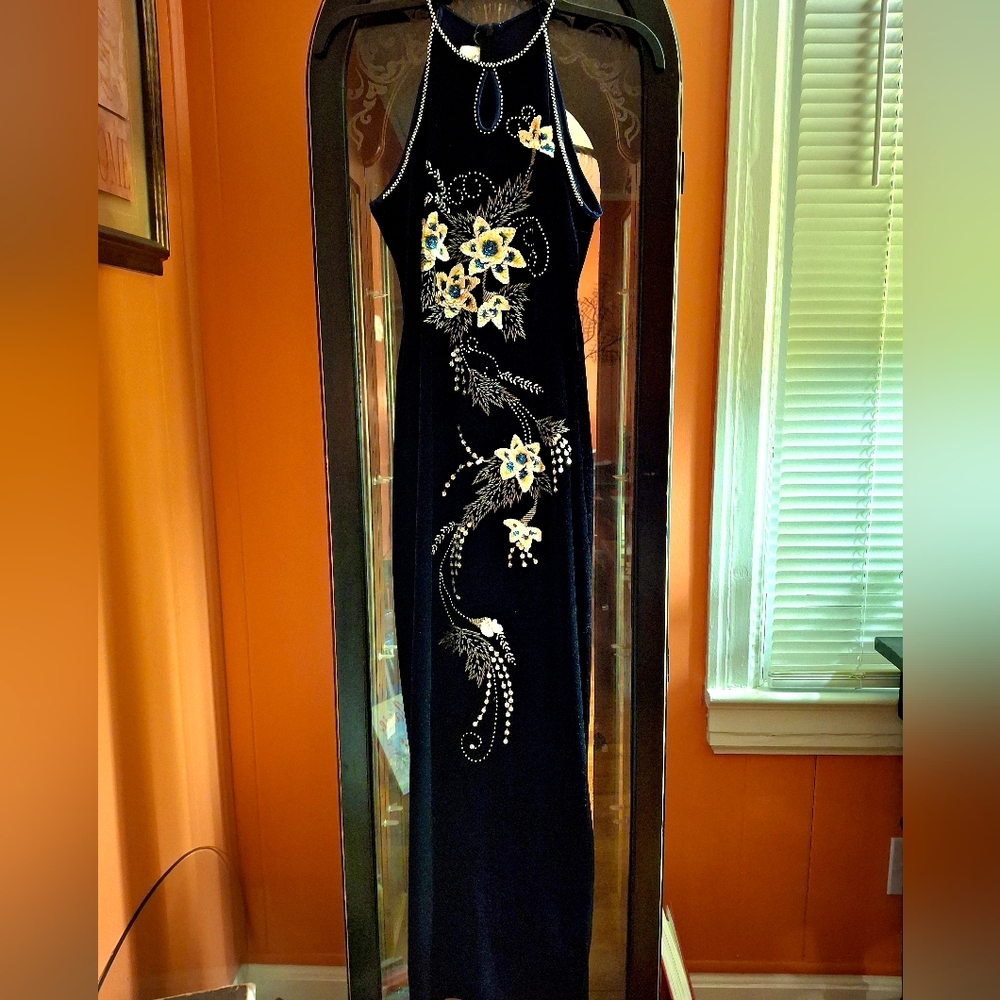 JS Collection Dark Blue Velvet Women's M Ball Gown Bead & Sequin Embellished Pre